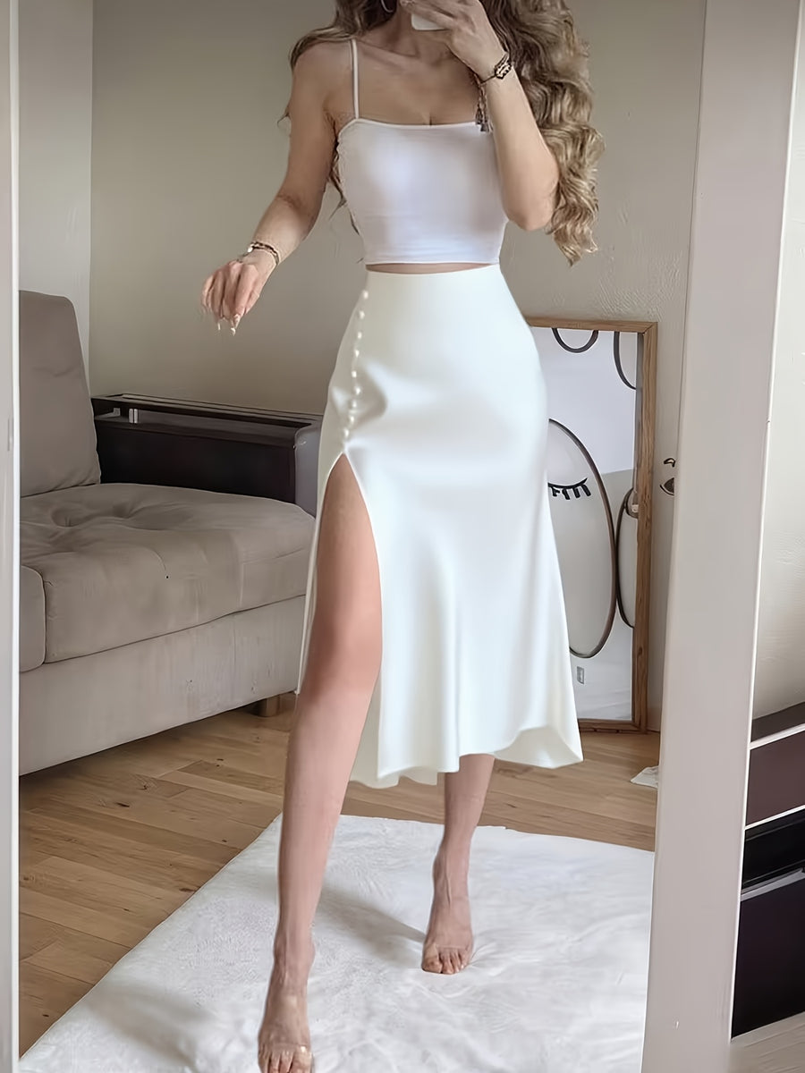 Spring/Summer New Satin Chiffon Multi-Button Women's Skirt - White