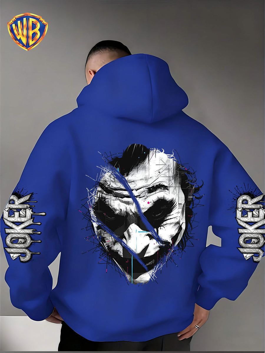 Dark and Edgy Style Hooded Sweatshirt, Featuring a Reimagined Clown Portrait Print with a Graffiti-like Texture That Exudes a Street Vibe. Packed with Streetwear Brand Attributes, It Unleashes a Free-spirited Aura and Is Unisex for Both Men and Women - Blue
