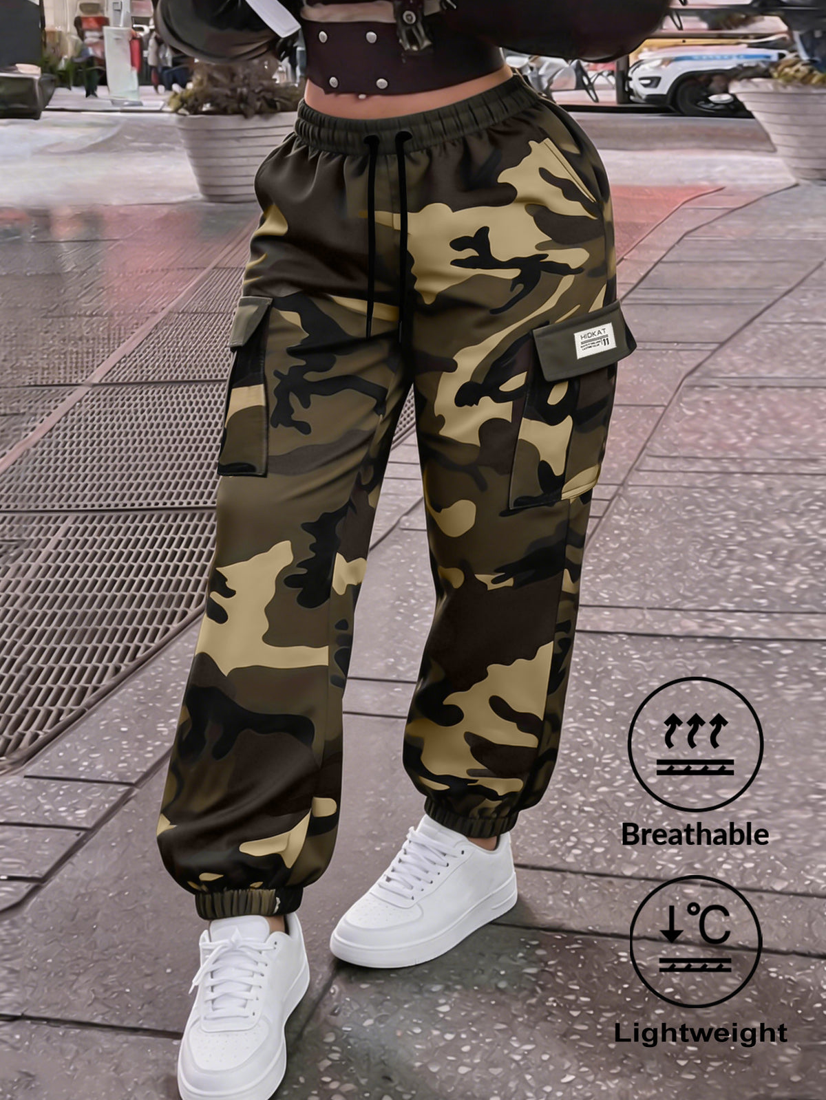 Women'S Trendy Camouflage Cargo Ankle-Cinching Long Pants, Spring Fall Lightweight Breathable Cargo Trousers, Elastic Waistband with Drawstring, Multi-Pocket Design, Suitable for Daily Casual Wear And Outdoor Outings - Camouflage Khaki