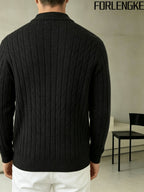 FORLENGKE Men'S Solid Color Stand Collar Cable Knit Zip Cardigan, Autumn And Winter Vintage Braided Texture Sweater, Casual Regular Fit, Suitable for Commuting And Traveling, Versatile Men'S Knit Jacket Available in Multiple Colors - Black