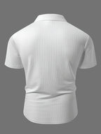 Men's High-End Vertical Stripe Knit Polo Shirt, White Slim Fit Short Sleeve, Textured Light Luxury Fabric, Mature Business Casual Style, Summer Exquisite Lapel Top - White