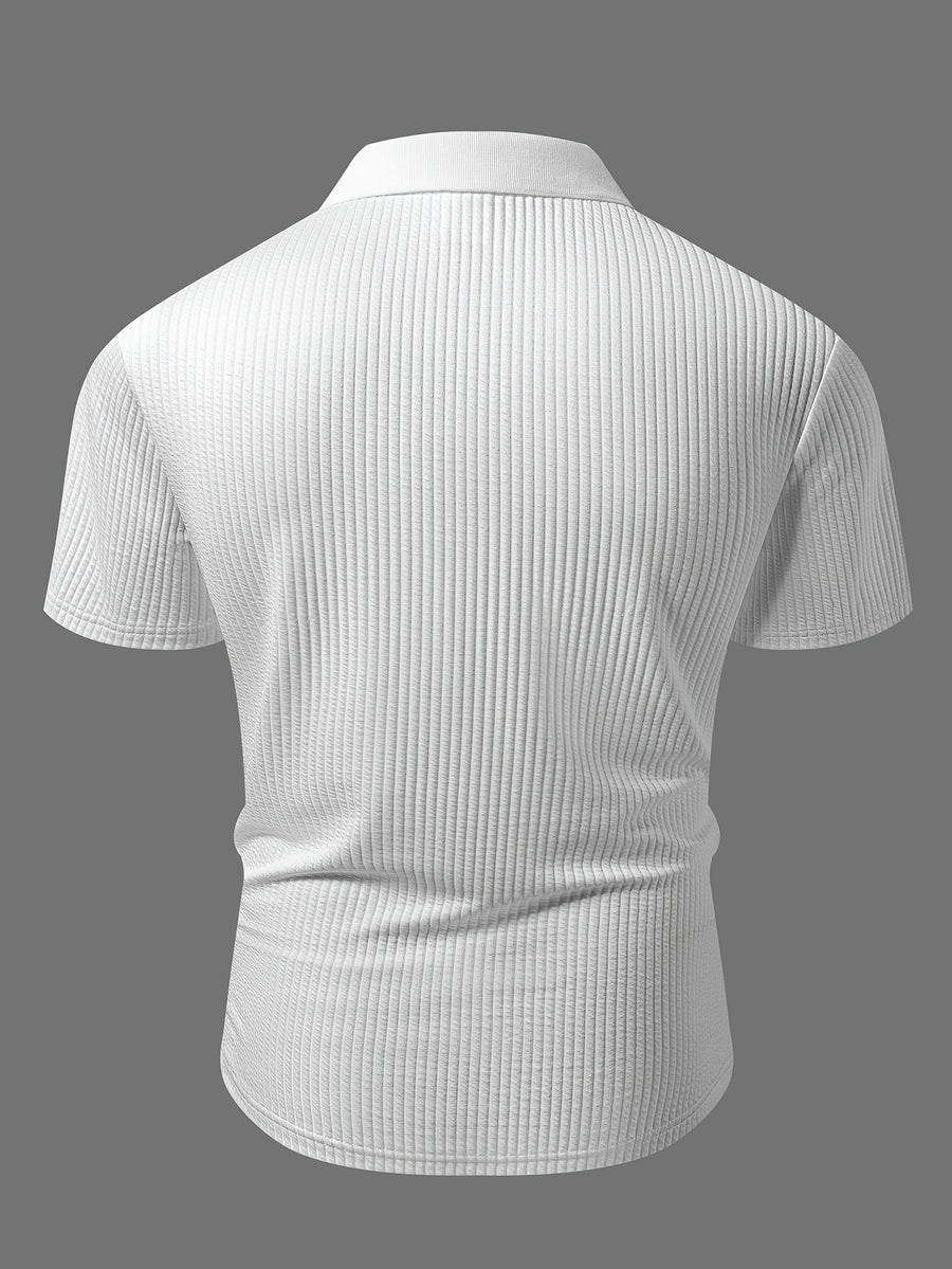 Men's High-End Vertical Stripe Knit Polo Shirt, White Slim Fit Short Sleeve, Textured Light Luxury Fabric, Mature Business Casual Style, Summer Exquisite Lapel Top - White