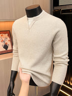 Men'S Waffle Fake Two-Piece V-Neck Knit Long Sleeve Top, Burgundy And White Contrast, Focus on Atmospheric Autumn Casual Wear - SINBOS - Beige Color