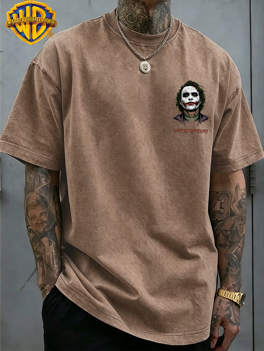 Warner Genuine Authorization, Men's Short Sleeved Heath Ledger Clown Print Pattern, American Retro Washed Distressed T-shirt, Suitable for Outdoor Sports, Daily Commuting, Machine Washable - Coffee Brown