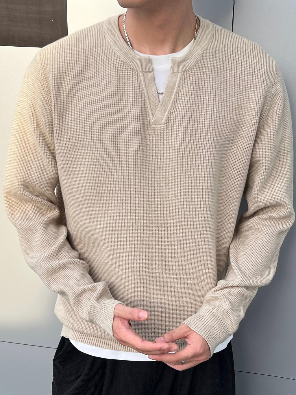 Men'S Notch Henley Long Sleeve Knit Sweater Waffle Textured Crew Split Neck Solid Color Casual Fall Winter Knitted Pullover Top - Apricot