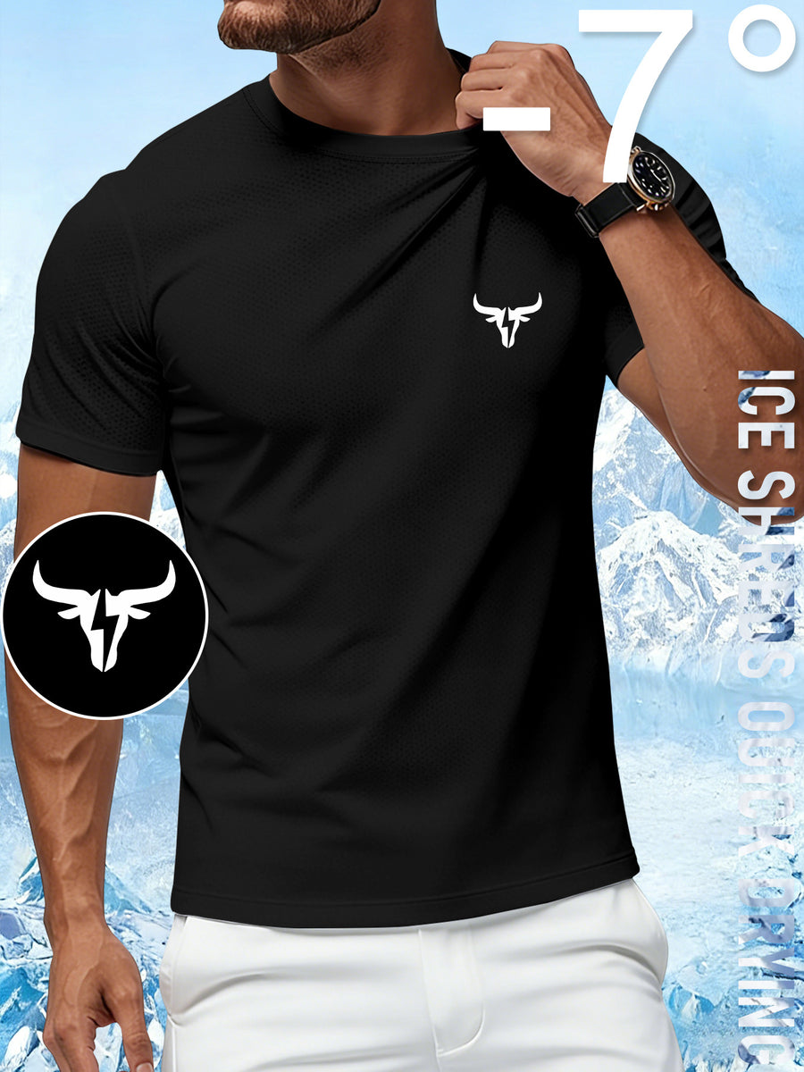 Men'S Ultra-Thin Performance Fitness T-Shirt with Bull Head Pattern, Suitable for Gym, Running, And Outdoor Activities, Breathable And Quick-Dry Round-Neck Sports Top - Black