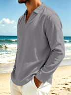 Men's Casual Shirt Outdoor Wear Easy And Comfortable V-neck Design Lapel Autumn Long-sleeved Commuting Men's Top - Grey