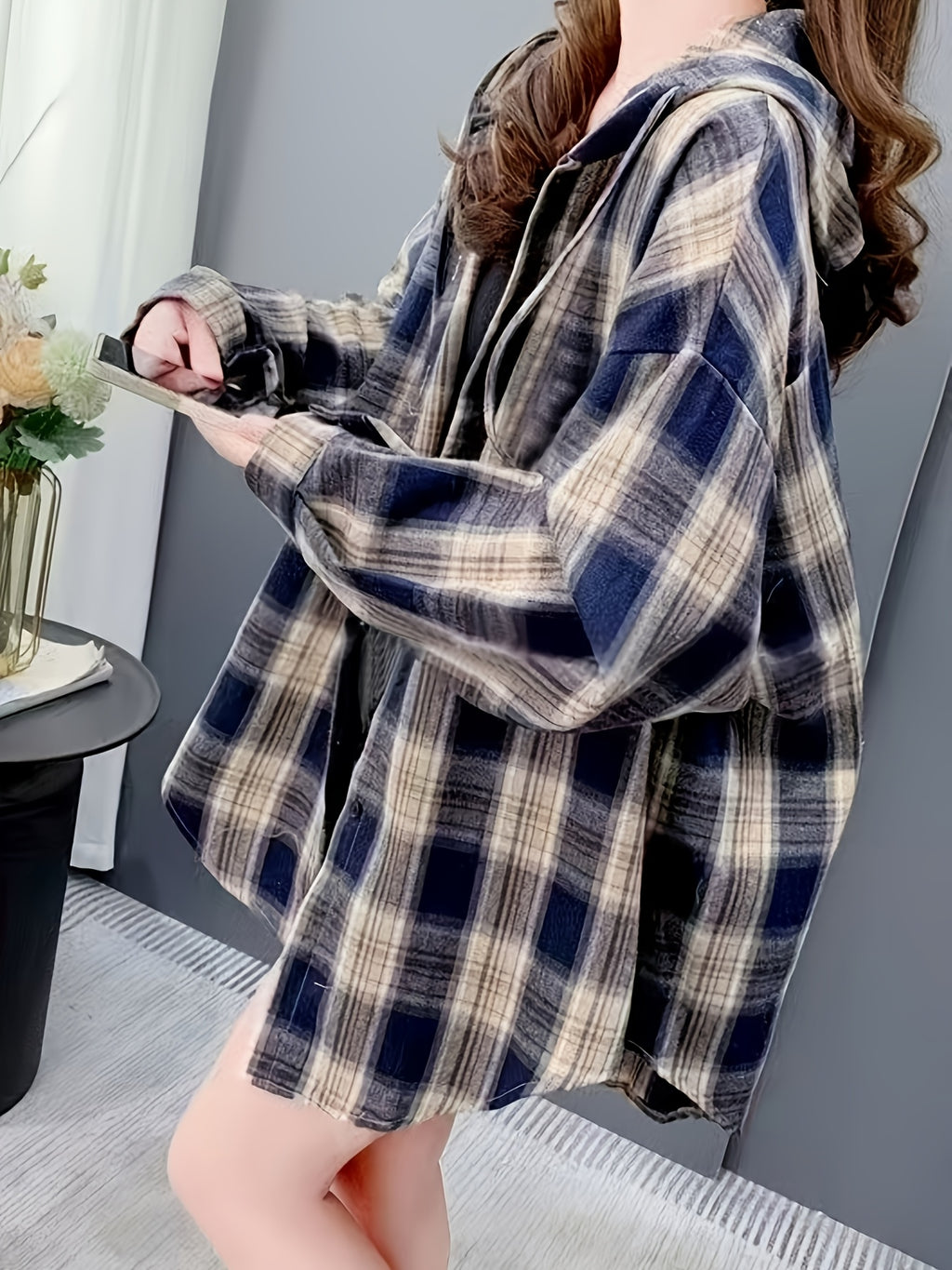Hooded Mid-Length Plaid Shirt Jacket Women'S Spring And Autumn New Loose High-End Long-Sleeved Cardigan Top, Casual Outing - Mixed colors