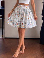 Women's High-Waist Shorts with Wildflower Print, Versatile Style, Casual Draped Loose Skort with Pleated Waistband, 2026 New Arrival, In Stock for Quick Shipping, Machine Washable - Milky