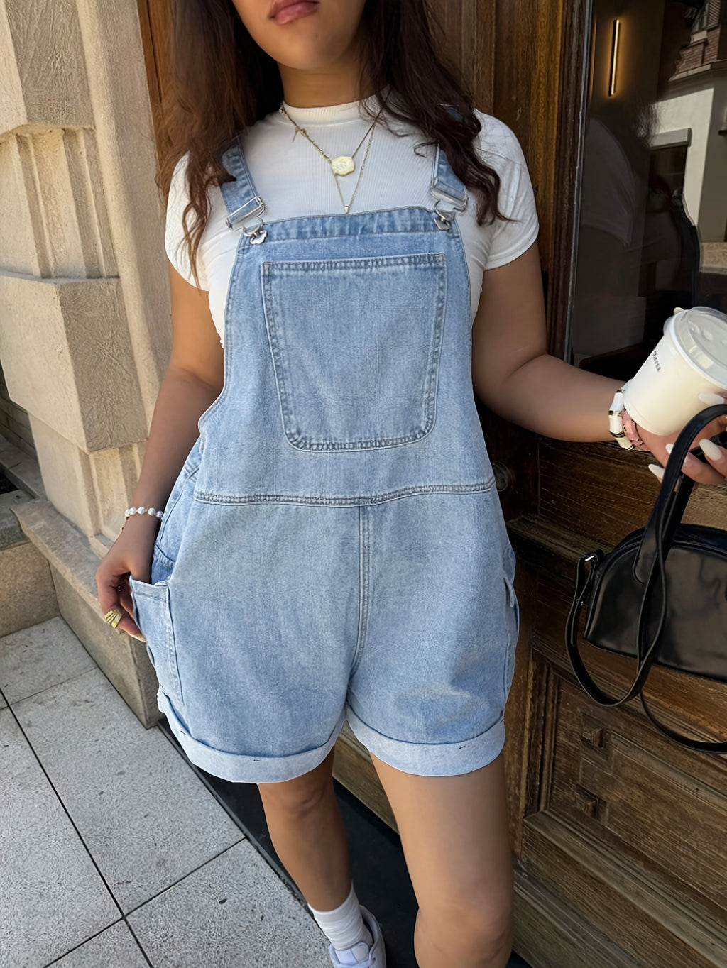 Plus Size Women's Denim Overalls Shorts Casual Denim Overalls Shorts with Three-Dimensional Pockets - Royal Blue
