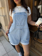 Plus Size Women's Denim Overalls Shorts Casual Denim Overalls Shorts with Three-Dimensional Pockets - Royal Blue
