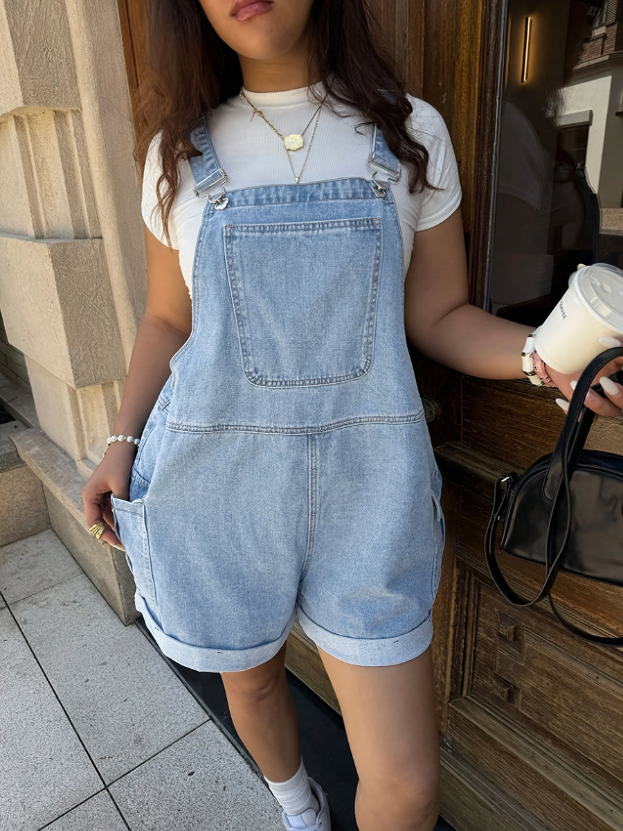 Plus Size Women's Denim Overalls Shorts Casual Denim Overalls Shorts with Three-Dimensional Pockets - Royal Blue