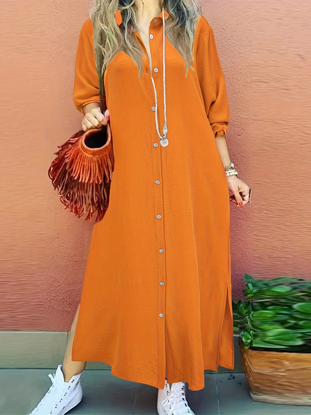Fashion Women's Shirt Dress, Dress - Orange