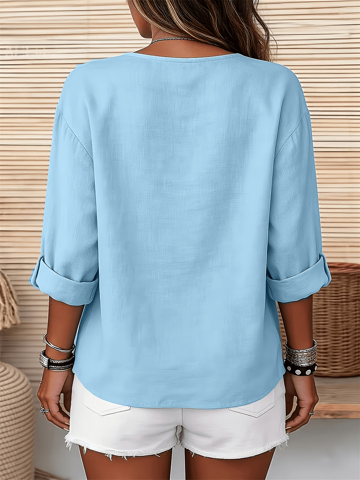 Women's Button-Up V-Neck Roll-Up Three-Quarter Sleeve Summer Casual Vacation Top JYDX - Lake Blue