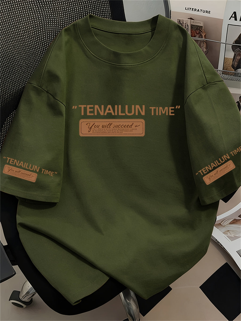 Men's Trendy Printed Short-Sleeve T-Shirt, New Summer Heavyweight Pure Cotton Versatile Outdoor Sports Breathable Top - Olive Green