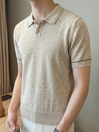 Men's Summer Old Money Style Business Casual Collar Short Sleeve Light Luxury Lapel Jacquard Knit Shirt, a Lightweight and Breathable Choice for Men's Satisfaction - Off-white