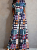 2026 Spring/Summer New Retro Color Block Plaid Short Sleeve Jumpsuit for Women, V-Neck, Waist-Cinching, Wide-Leg Long Pants, American Casual Retro Style One-Piece Suit, Rich Retro, with an American Casual Atmosphere. Small V-Neck Is Easy And Neat - Mixed colors