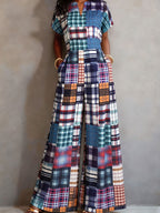 2026 Spring/Summer New Retro Color Block Plaid Short Sleeve Jumpsuit for Women, V-Neck, Waist-Cinching, Wide-Leg Long Pants, American Casual Retro Style One-Piece Suit, Rich Retro, with an American Casual Atmosphere. Small V-Neck Is Easy And Neat - Mixed colors