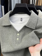 New Autumn/Winter Men's Pullover, Faux 2pcs Long Sleeve Lapel Knit Sweater, Geometric Pattern Men's Button-Up Sweater, Business Casual Fashion Versatile Solid Color Men's Top, Suitable for Daily Outings in Spring and Autumn, Men's Gift, First Choice - Dark Green