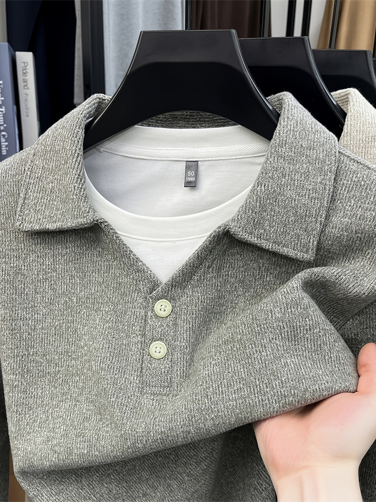 New Autumn/Winter Men's Pullover, Faux 2pcs Long Sleeve Lapel Knit Sweater, Geometric Pattern Men's Button-Up Sweater, Business Casual Fashion Versatile Solid Color Men's Top, Suitable for Daily Outings in Spring and Autumn, Men's Gift, First Choice - Dark Green