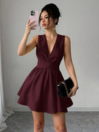 Women'S Romantic Elegant Sexy Wedding Guest Style Wearable Cross V-Neck Sleeveless A-Line Mini Dress - Deep Red