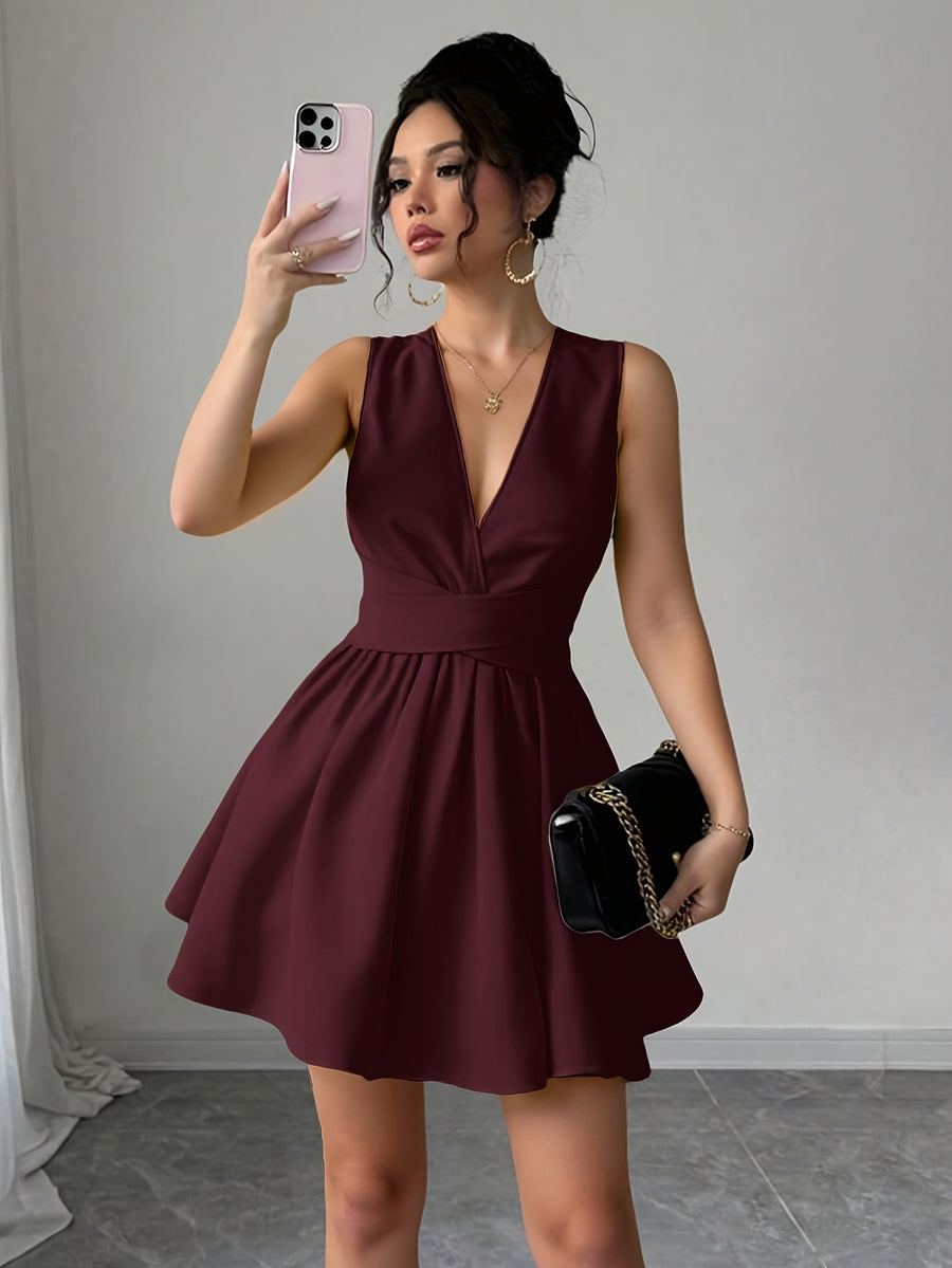 Women'S Romantic Elegant Sexy Wedding Guest Style Wearable Cross V-Neck Sleeveless A-Line Mini Dress - Deep Red