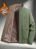 Single Pc Men'S Multi-Color Woven Cargo Jacket, Stand-Up Collar Design, M Logo Badge on Chest, Large Capacity Cargo Pockets, Fleece Lined And Thickened Long Plush Warmth, Adjustable Cuffed Sleeves, Easy Cargo Style, Winter, Fitted Fit - Military Green