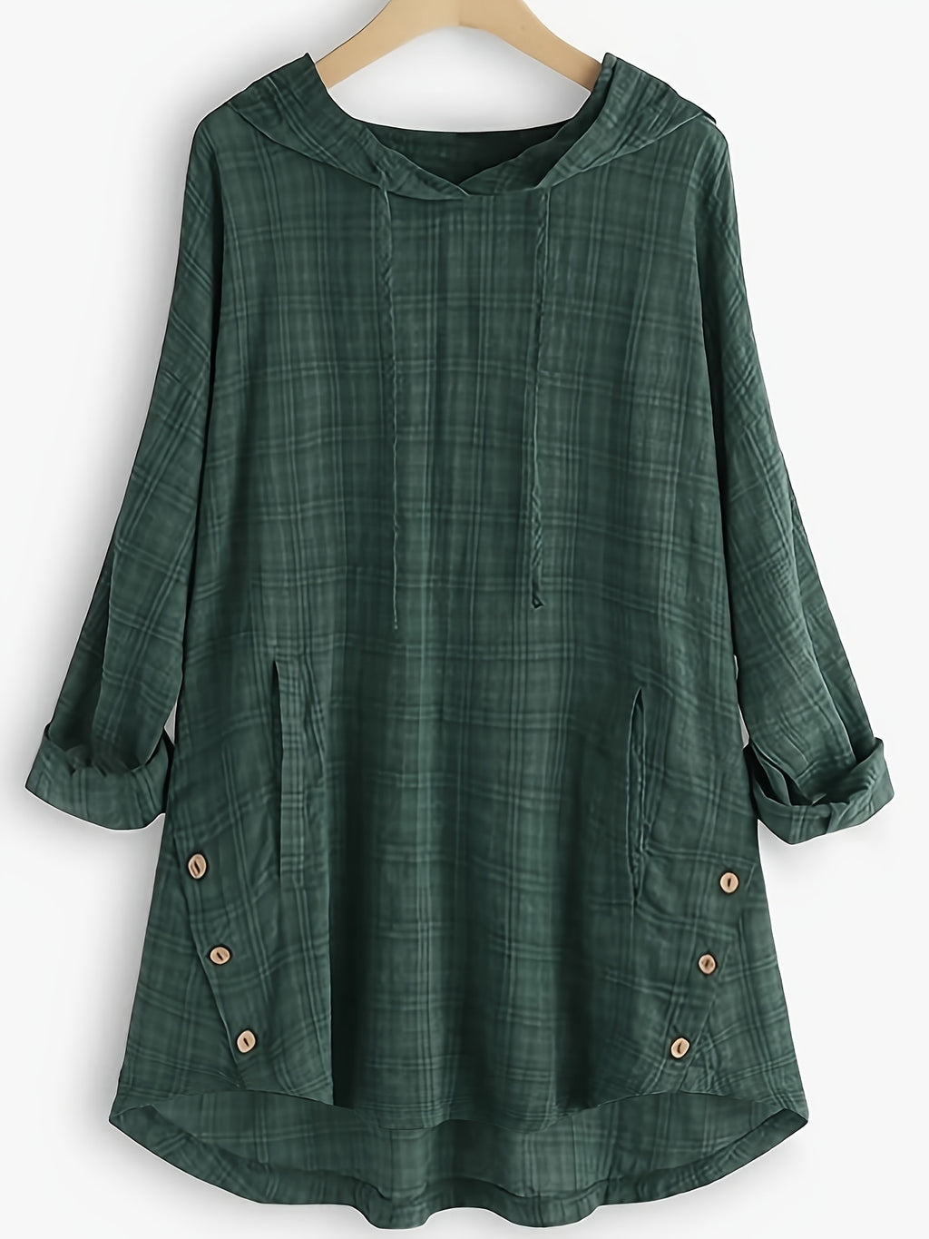 Casual Long-Sleeve Hooded Shirt, Asymmetrical Top, Stylish Plaid Blouse, Autumn Waist-Tied Outerwear for Women, Elegant Long-Sleeve Drawstring Shirt - Dark Green