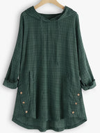 Casual Long-Sleeve Hooded Shirt, Asymmetrical Top, Stylish Plaid Blouse, Autumn Waist-Tied Outerwear for Women, Elegant Long-Sleeve Drawstring Shirt - Dark Green