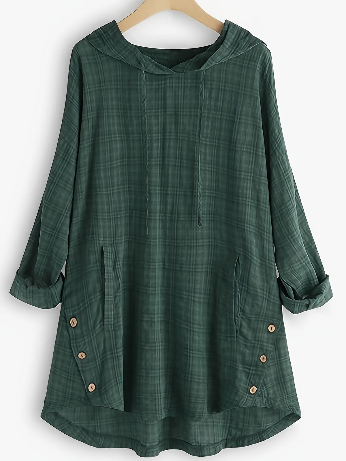 Casual Long-Sleeve Hooded Shirt, Asymmetrical Top, Stylish Plaid Blouse, Autumn Waist-Tied Outerwear for Women, Elegant Long-Sleeve Drawstring Shirt - Dark Green
