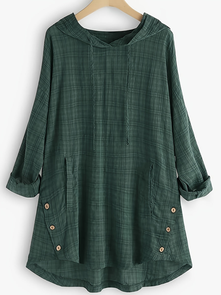 Casual Long-Sleeve Hooded Shirt, Asymmetrical Top, Stylish Plaid Blouse, Autumn Waist-Tied Outerwear for Women, Elegant Long-Sleeve Drawstring Shirt - Dark Green