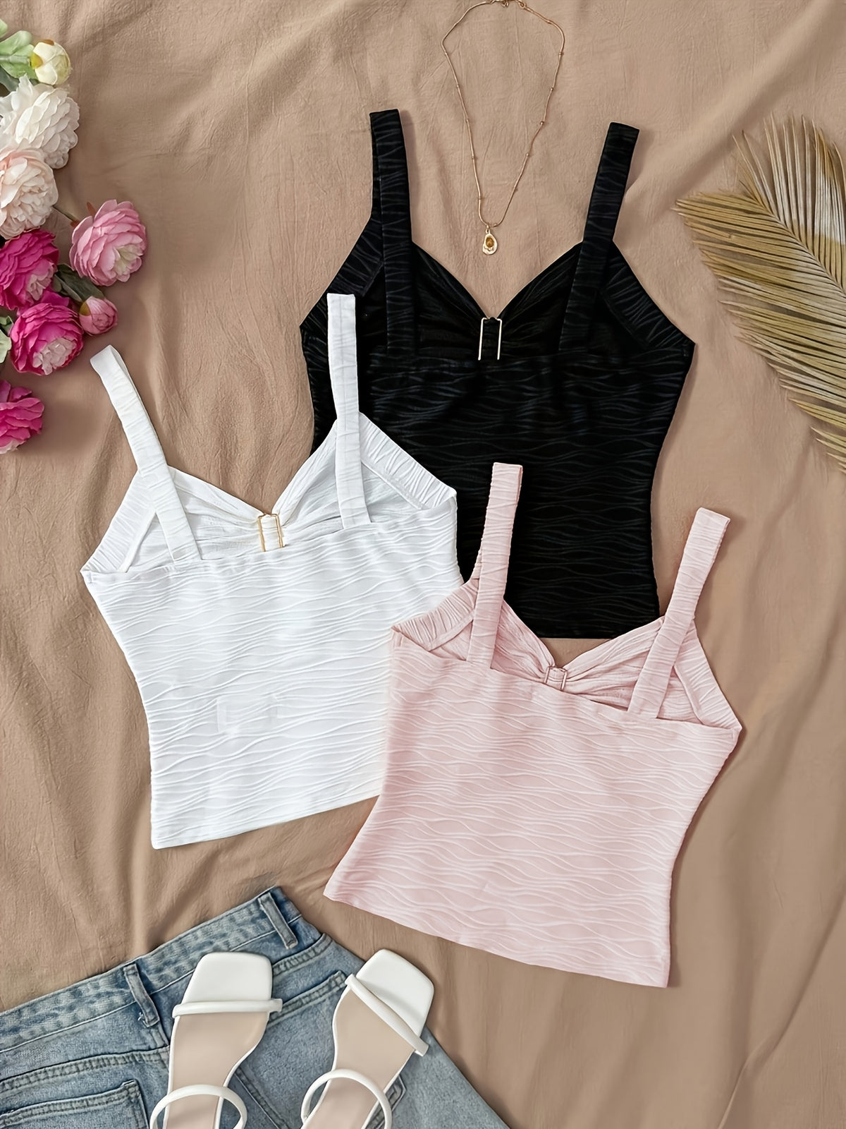 Spring/Summer 2026 Women'S 3pcs Set of 3D Floral Embellished Wavy Texture Cami Tops, Sweet Spicy Style V-Neck Sleeveless Short Fashion Top - Pink+white+black