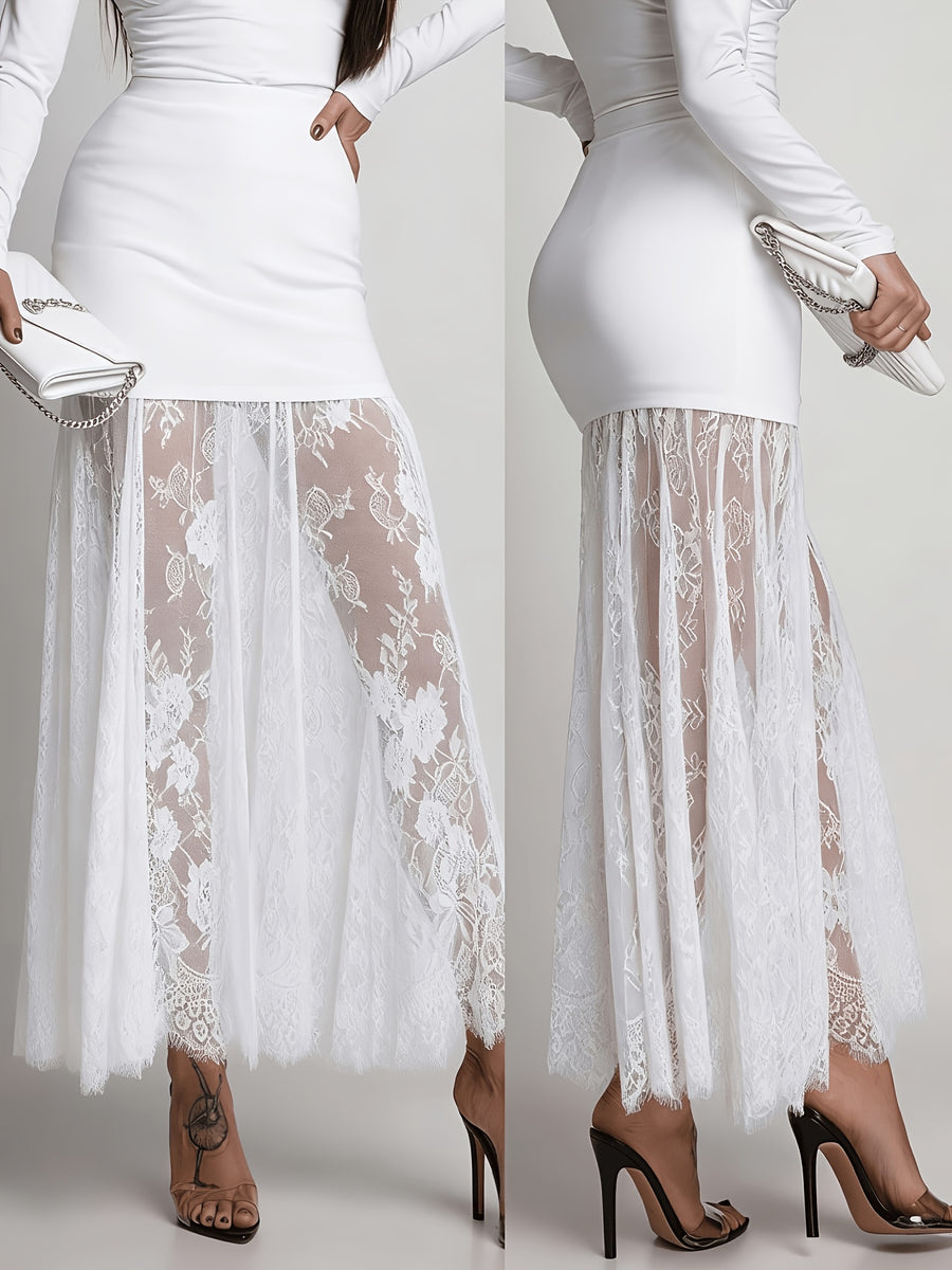 Lace A-line Skirt, Sexy Sheer Lace Maxi Dress, Suitable for Outings and Parties, Wearable in Spring and Summer, Women's Midi Skirt with Elastic Waistband, A-line Flared Skirt, Flared Hem, New Style Lace Slip Dress, Can Be Worn as a Layering Piece - White