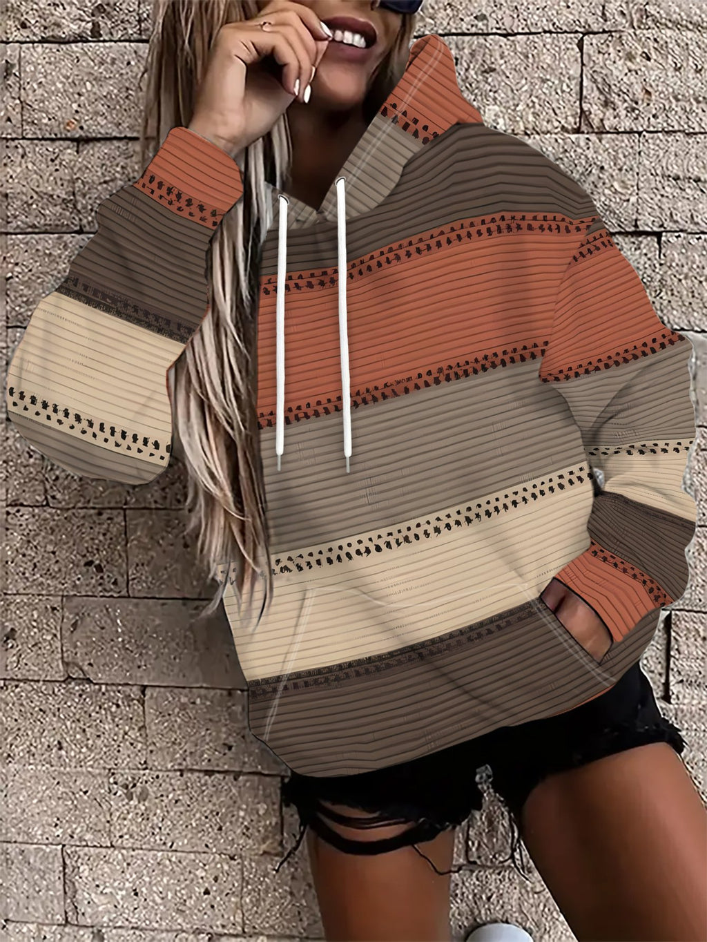 Prioritize the New Arrivals for Fall/Winter 2026! Women's Standard Size Hooded Sweatshirt with Printed Design (not Textured). Fashionable Women's Casual Street-style Striped Textured Hooded Sweatshirt - Easy to Wear, with a Color-block Design. - Multicolor