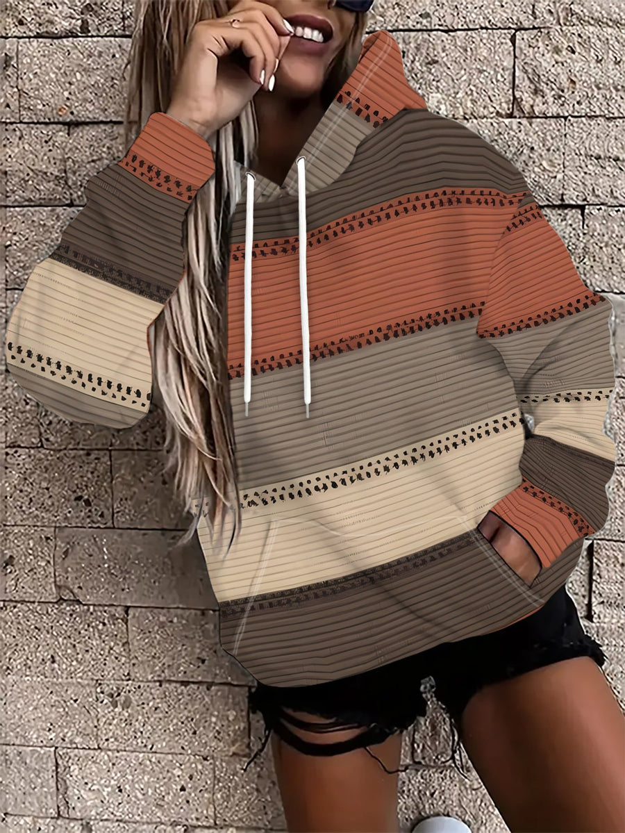 Prioritize the New Arrivals for Fall/Winter 2026! Women's Standard Size Hooded Sweatshirt with Printed Design (not Textured). Fashionable Women's Casual Street-style Striped Textured Hooded Sweatshirt - Easy to Wear, with a Color-block Design. - Multicolor