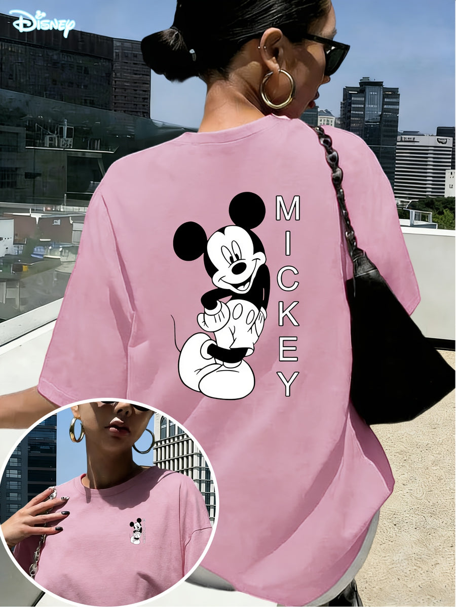 Hot Spring Summer Women'S Casual T-Shirt, Women'S Fashion Clothing, Authorized, Mickey Classic Black And White Image Joyful Pose Side Smile Print, Women'S Fashion Versatile Short Sleeve, Women'S Short Sleeve Top, Daily Outing, Fashion Versatile - Pink
