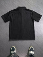 Men's Imitation Denim Contrast Stitching Color Block Design, Fashionable, Versatile, and Trendy Casual Short-Sleeve Shirt - Black