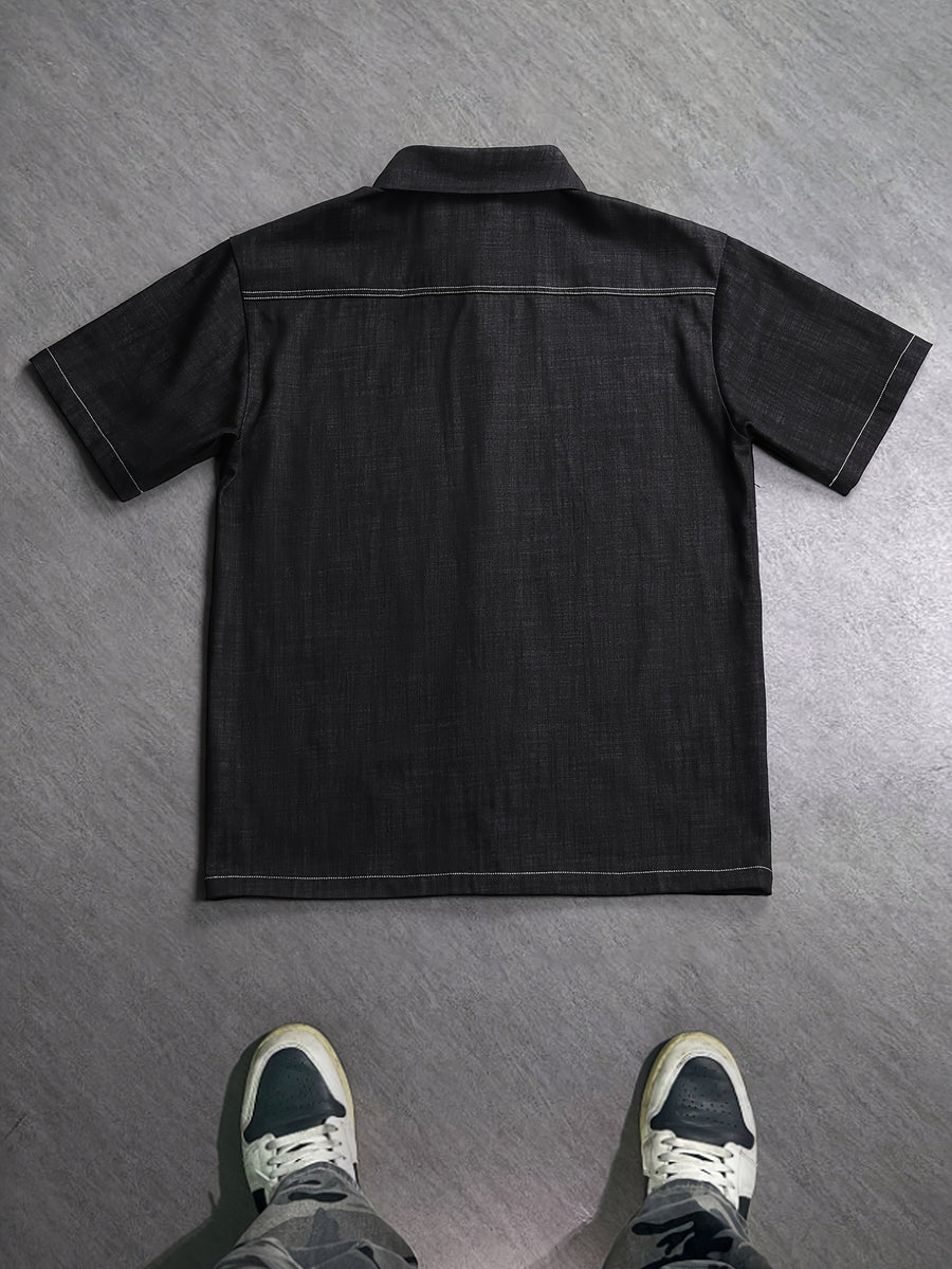 Men's Imitation Denim Contrast Stitching Color Block Design, Fashionable, Versatile, and Trendy Casual Short-Sleeve Shirt - Black
