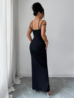 Elegant Multi-strap Metal Buckle Tube Top Cinched Waist Hip-hugging Mermaid Extra-long Dress for Women - Black