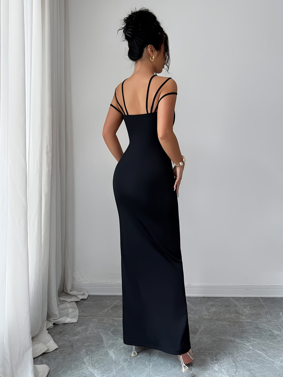 Elegant Multi-strap Metal Buckle Tube Top Cinched Waist Hip-hugging Mermaid Extra-long Dress for Women - Black