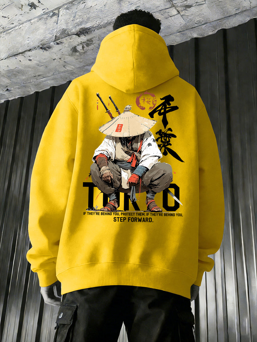 Men'S Japanese Samurai Kendo Warrior Hooded Sweatshirt | Casual Hooded, Heavy-weight, Slight Stretch Fabric, Geometric-pattern, Perfect for Spring/Fall - Yellow