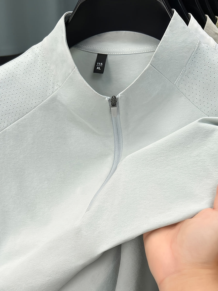 Men'S Summer Top T-Shirt, Half-Zipper Stand-Up Collar Design, Casual And Light Business Style, Adjustable Collar with Zipper, Balancing Ventilation And Styling; Mesh Shoulder Panel for Enhanced Breathability - Glacier