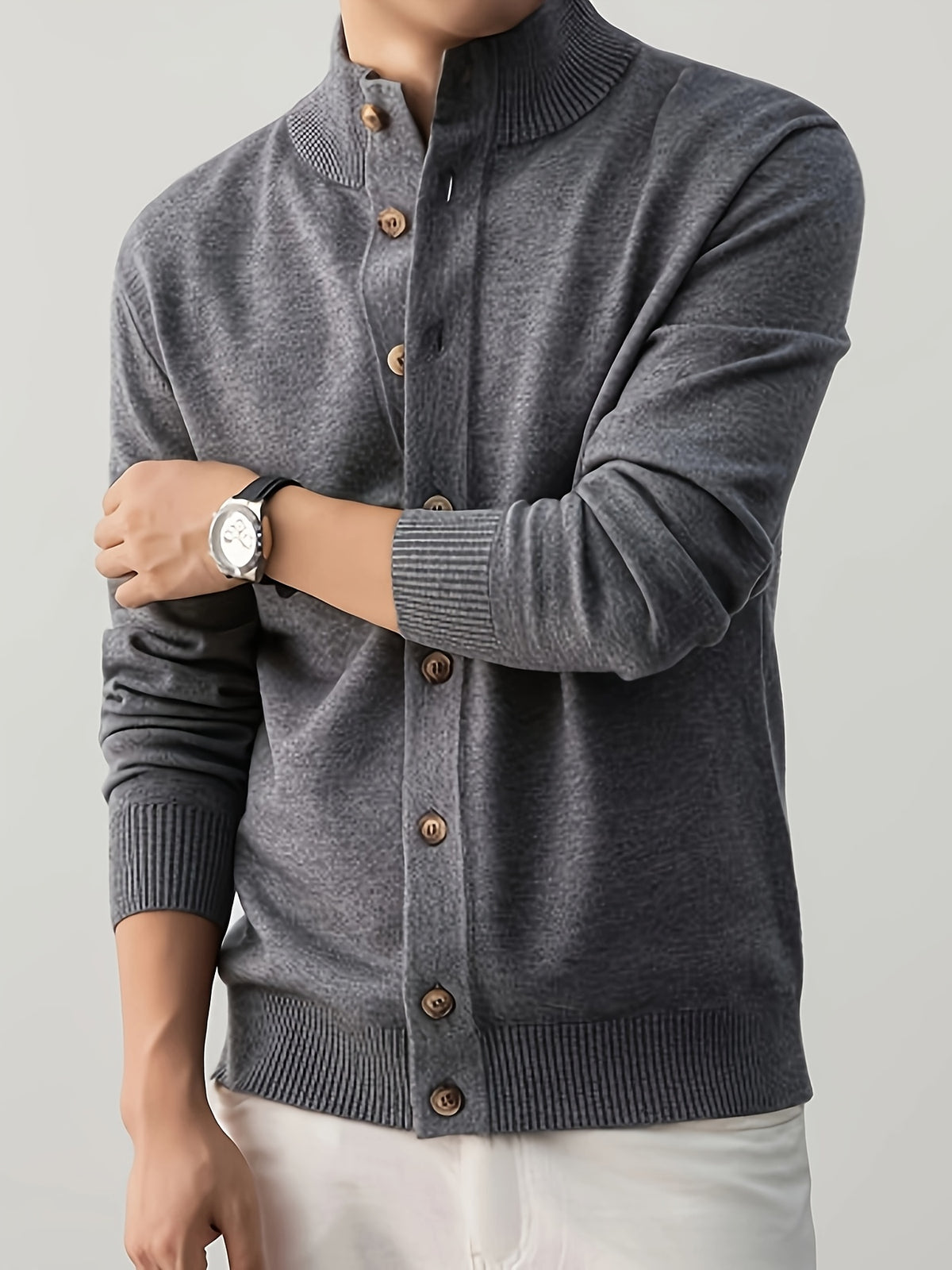 Easy Style Men'S Button-Up Knit Jacket, High-Neck Casual Sweater Coat, Fabric: 45% Acrylic, 26.9%, 22.7% Nylon, 5.4% Velvet Velvet; Stretchy Soft Sweater Outerwear, Suitable for Office And Street Casual Wear - Lace Gray