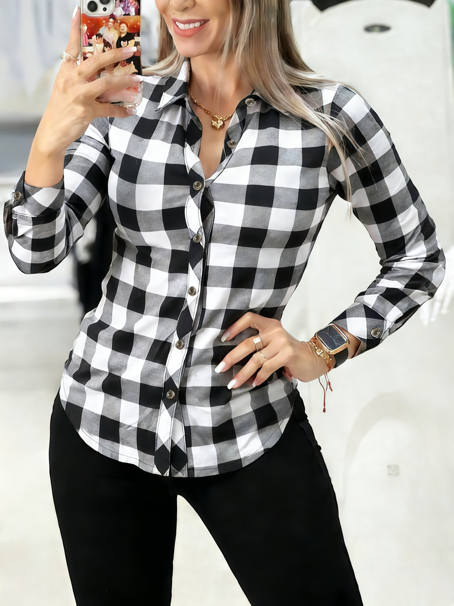 Women's Elegant Special Line Long Sleeve Button-Up Shirt - Loose Fit Lapel Collar Blouse, Double-Color Checkered ( & Color), Single-Breasted Door Placket, Suitable for Spring Summer Fall Casual Outdoor Wear, Office & Semi-Formal Attire - Black And White Plaid