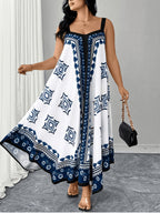 Plus Size, Plus-size Women's Bohemian Print Maxi Dress, Sleeveless Spaghetti Strap A-Line Dress, Geometric Pattern, Casual Loose and Flowy Summer Beach Dress, Irregular Hem Design, Blue and White Ethnic Print Maxi Dress - Multicolor