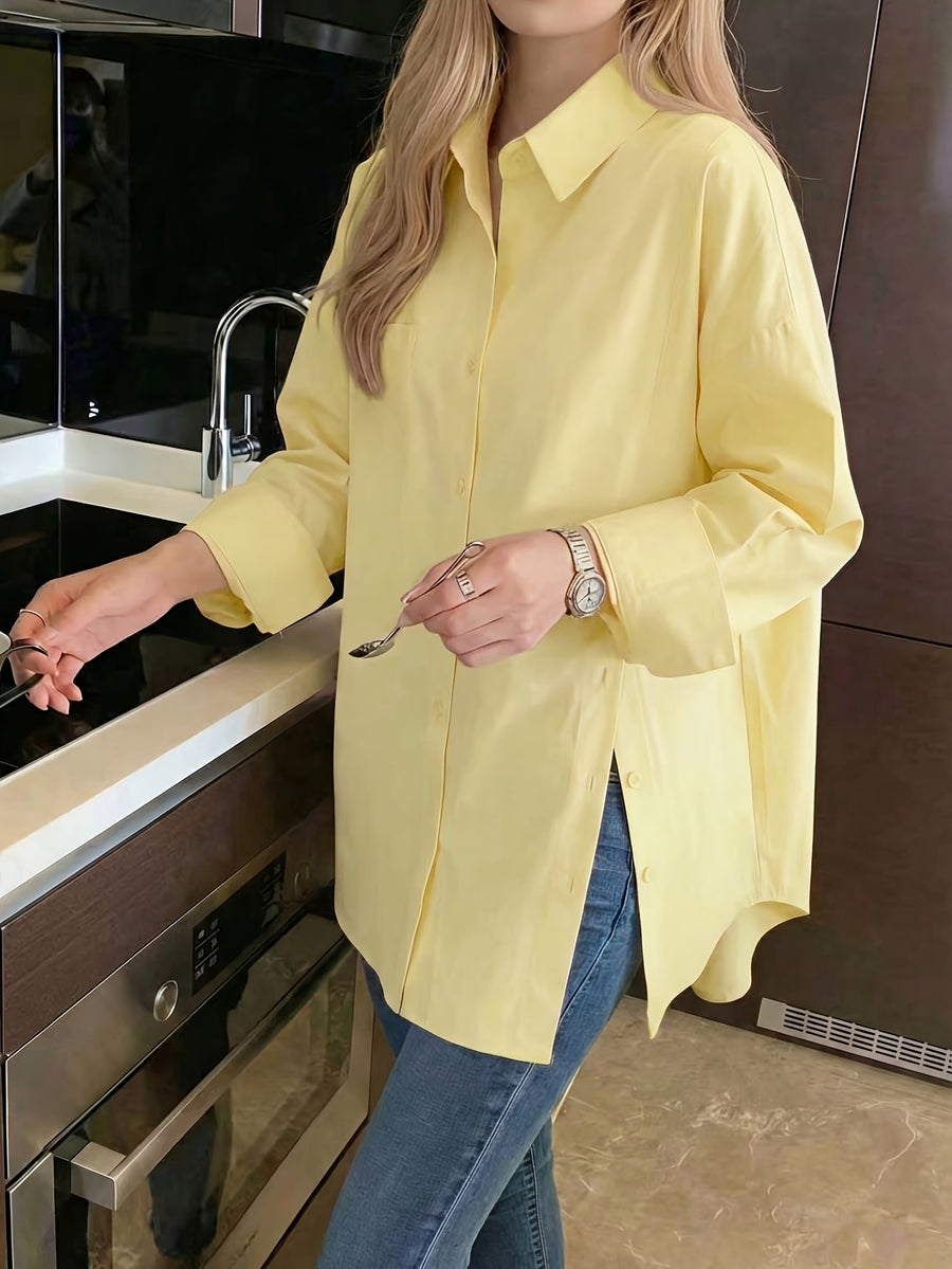 Plus Size Women'S Solid Color Casual Versatile Side Slit Long Sleeve Shirt - Yellow