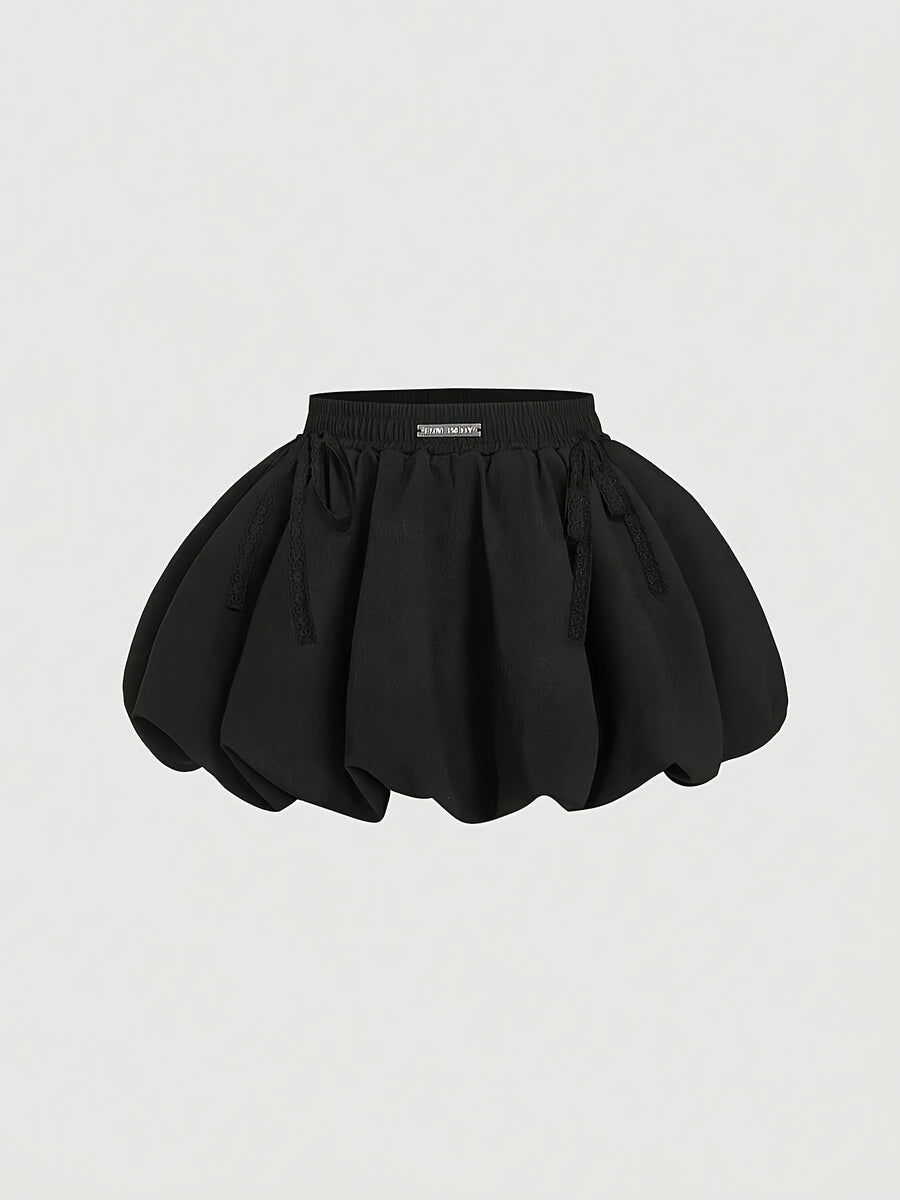 Black Bow Embellished Bubble Hem Skirt, Lined Pants, Low Waist, Women'S Date Night Outfit, Going Out Outfit, Bubble Skirt, Sexy Women'S Clothing, Y2K Skirt - Black