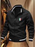 Men's Italian Shield Logo Baseball Jacket - High Collar Winter Warm Zipper Outerwear, Italian Shield Emblem & Ribbed Stripes, Machine Washable Fall/Winter Jacket for Casual & Wear - Black