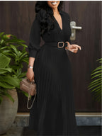 Elegant Refined Women'S Neckline Long Sleeve Waist-Cinching Pleated Maxi Dress Bridesmaid Gown Fashion Temperament Item Suitable for Commute Dating Party Daily Wear Dress Women - Black
