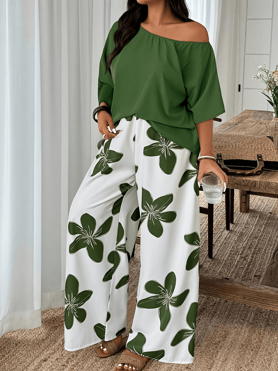 French-Style Elegant Women's Fashion 2pcs Set: Solid Color Off-Shoulder Pullover + Large Blue Floral Print Pants, Comfortable, Breathable, and High-End Casual Outfit - Green